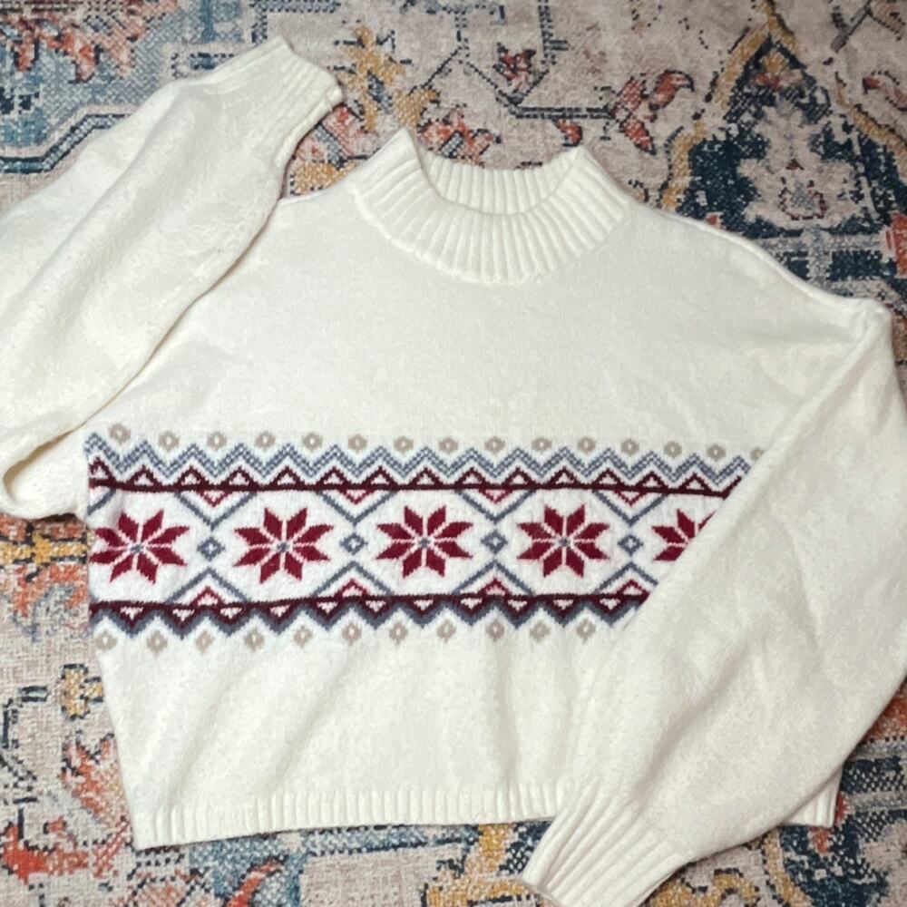 Hollister Women's XS White Fair Isle Mock Neck Pullover Sweater Long Sleeve